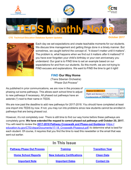 TEDS Monthly Notes CTE Technical Education Database System Updates October 2017