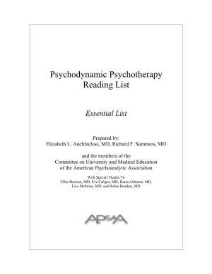 Psychodynamic Psychotherapy Reading List