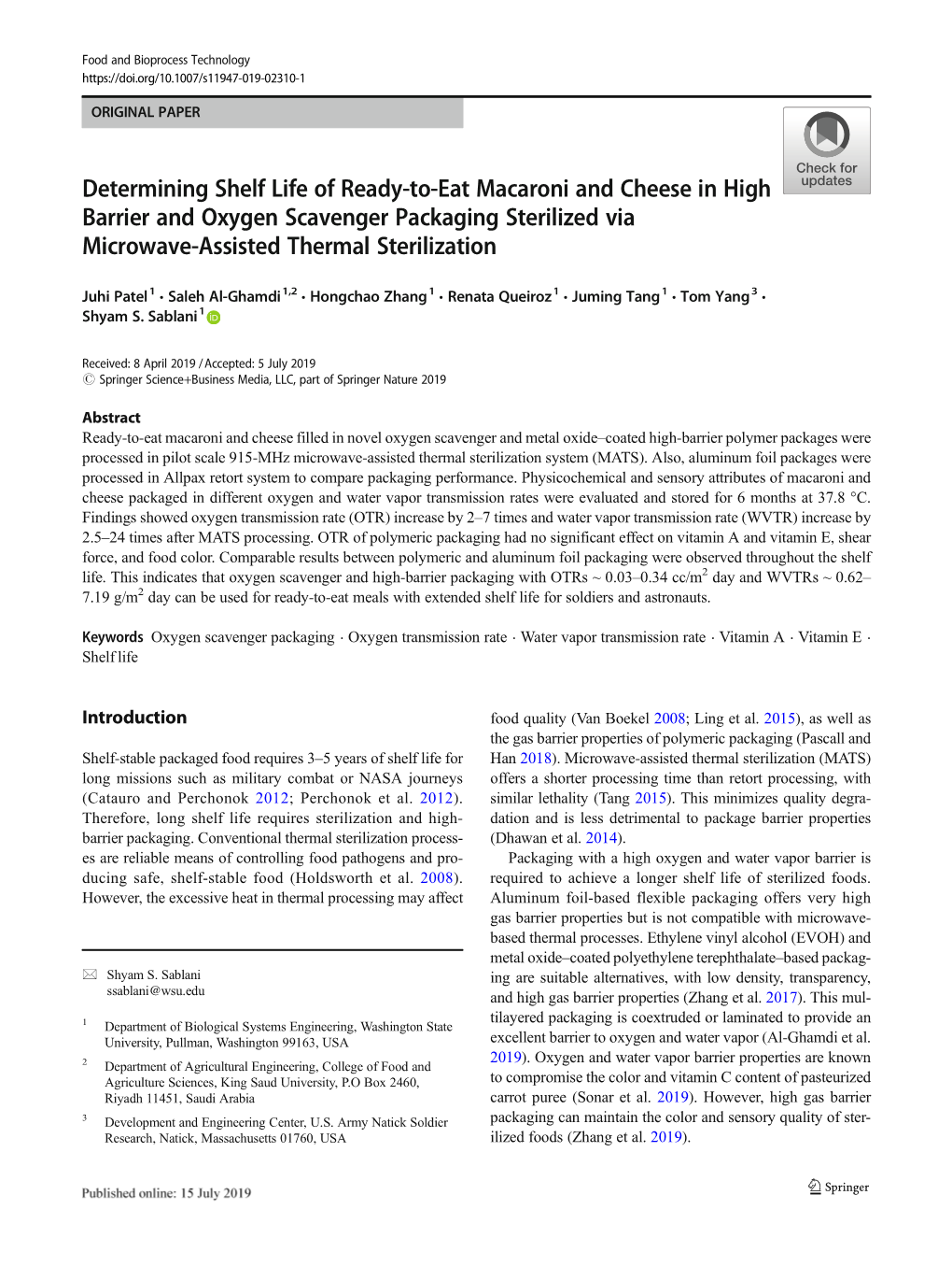 Determining Shelf Life of Ready-To-Eat Macaroni and Cheese in High Barrier and Oxygen Scavenger Packaging Sterilized Via Microwave-Assisted Thermal Sterilization