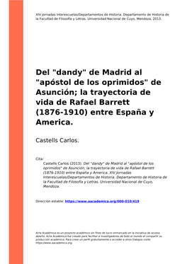 De Asunción; La Trayectoria De Vida De Rafael Barrett (1876-1910) Entre España Y America
