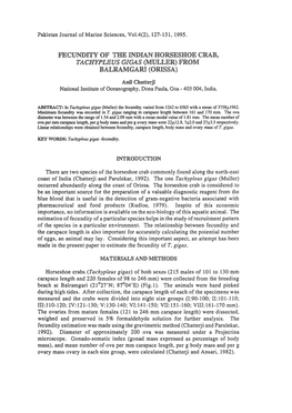 Fecundity of the Indian Horseshoe Crab, Tachypleus Gigas (Muller) from Balramgari (Orissa)