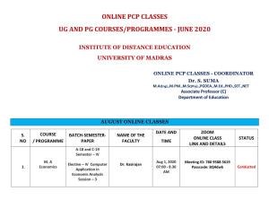 Online Pcp Classes Ug and Pg Courses/Programmes - June 2020