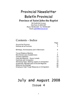 Provincial Newsletter Boletín Provincial July and August 2008