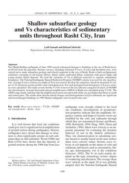 Shallow Subsurface Geology and Vs Characteristics of Sedimentary Units Throughout Rasht City, Iran