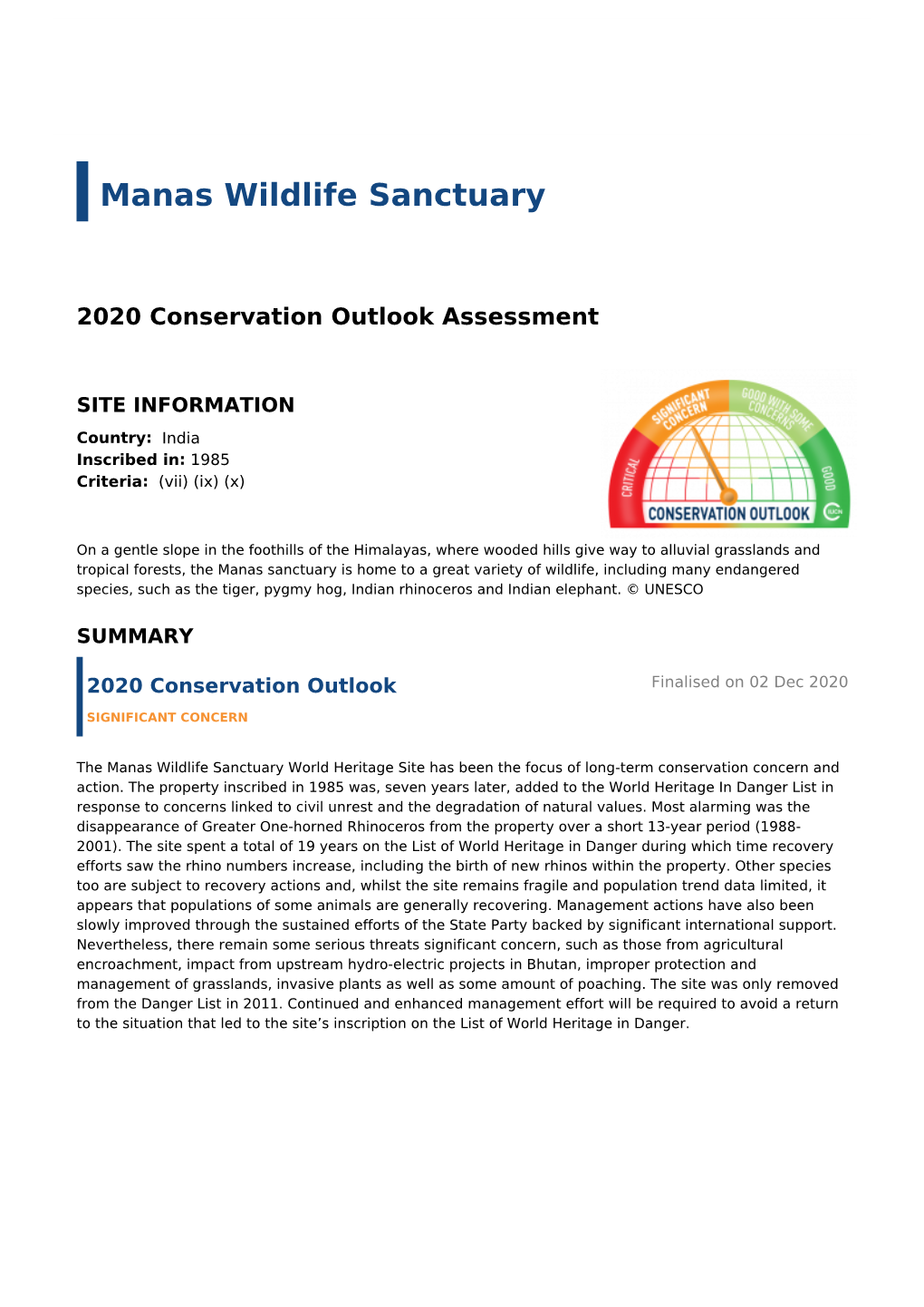 2020 Conservation Outlook Assessment