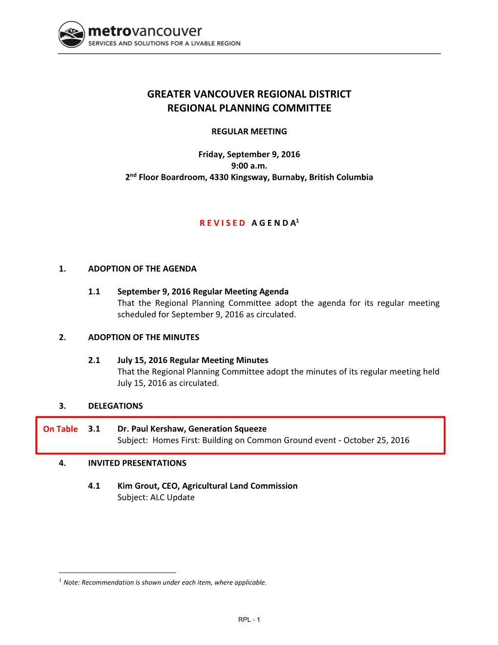 Regional Planning Committee Agenda