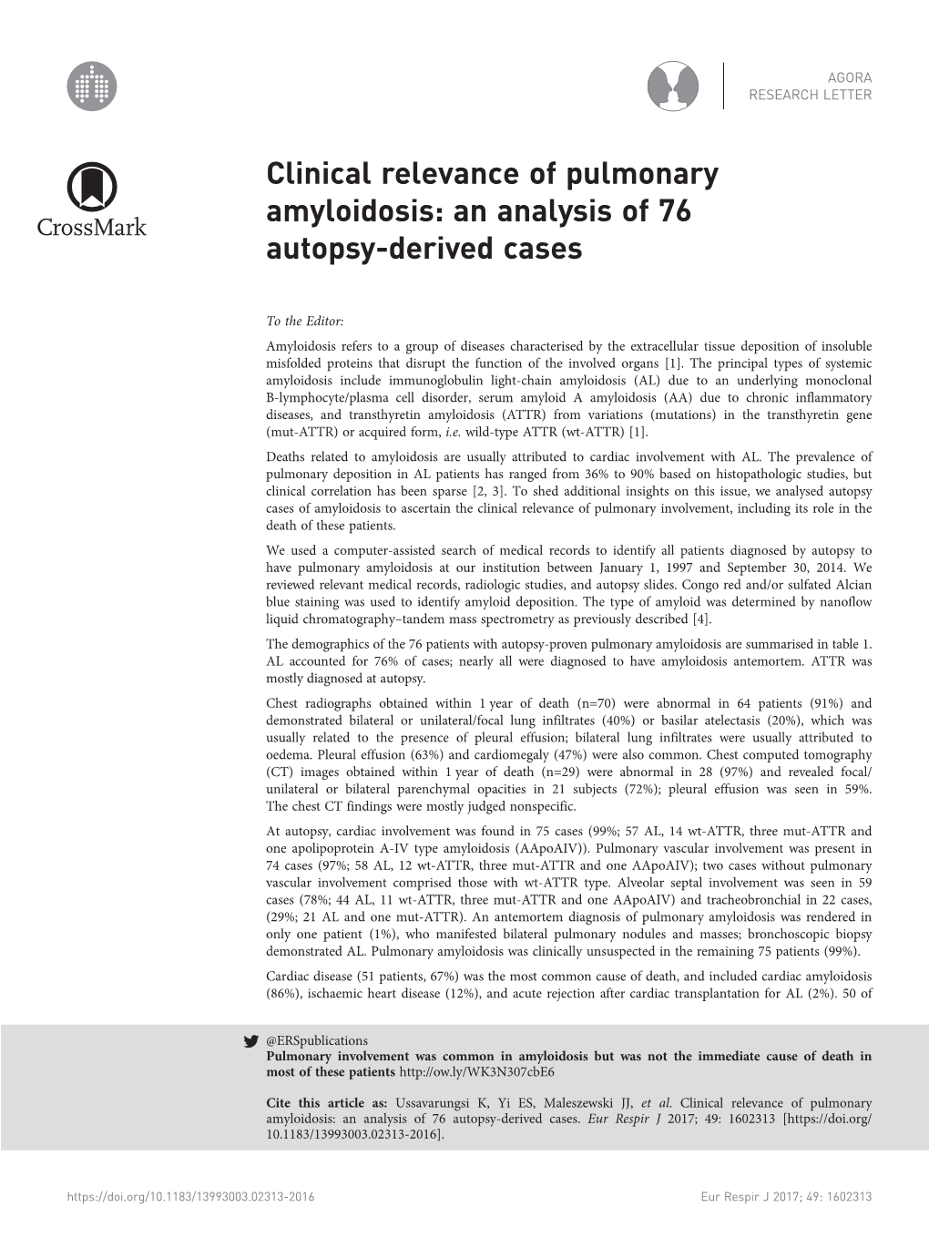 Clinical Relevance of Pulmonary Amyloidosis: an Analysis of 76 Autopsy-Derived Cases