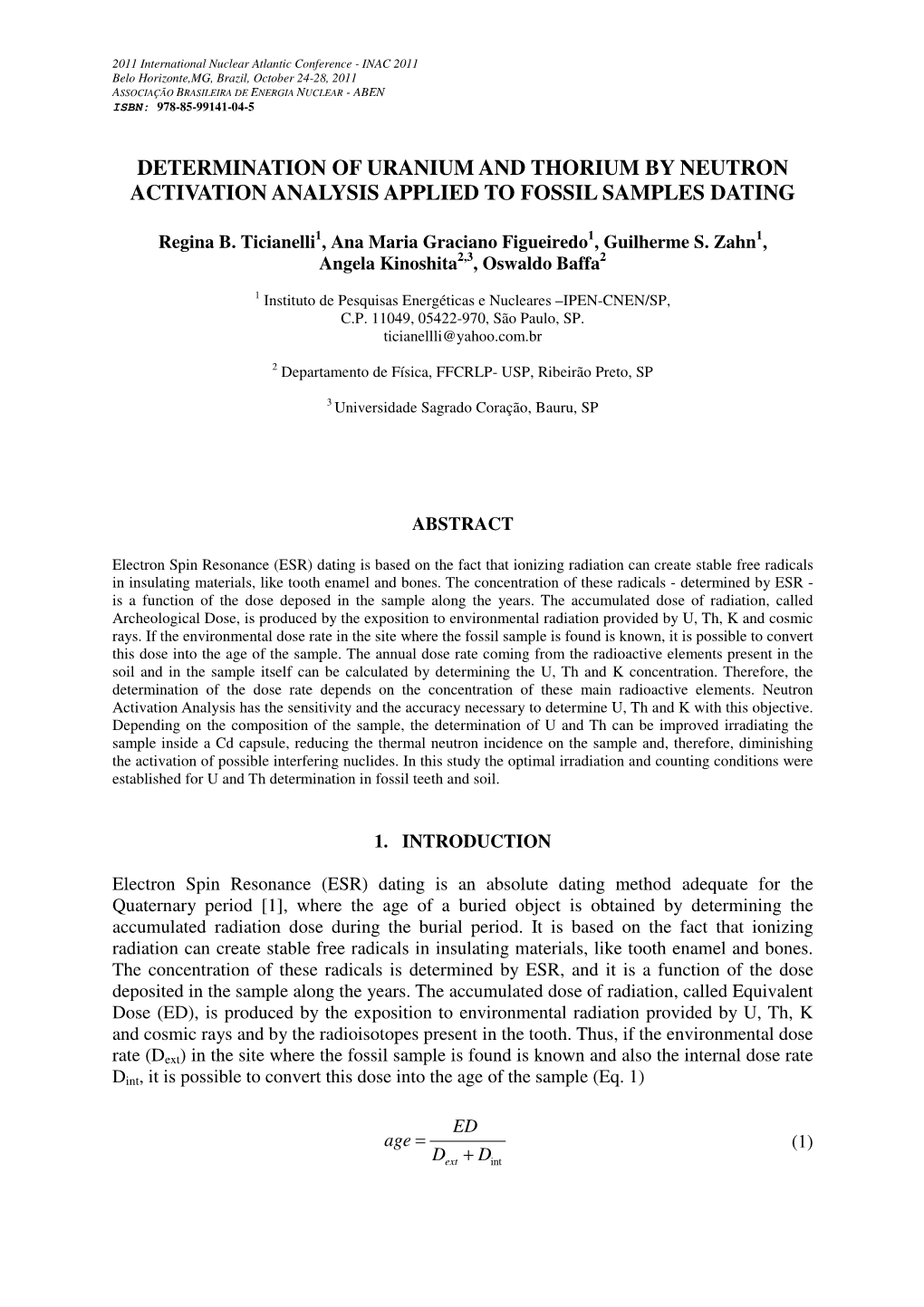 Determination of Uranium and Thorium by Neutron Activation Analysis Applied to Fossil Samples Dating