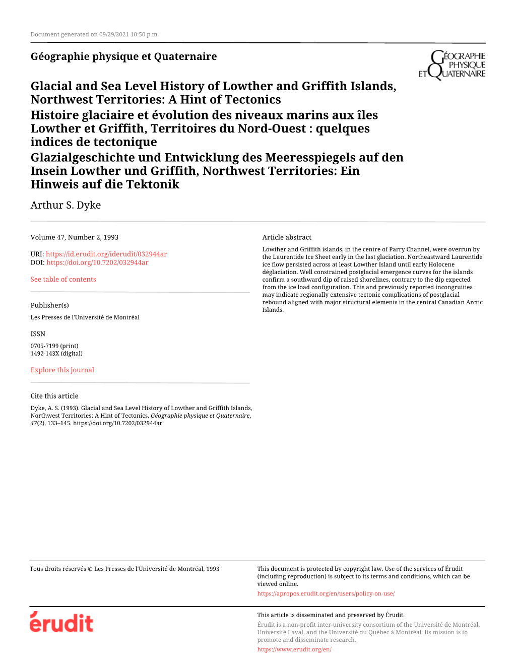 Glacial and Sea Level History of Lowther and Griffith Islands