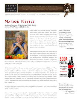 Marion Nestle Acclaimed Professor of Nutrition and Public Health, Author of Food Politics and Eat Drink Vote