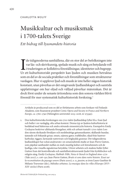 Musikkultur Och Musiksmak I 1700-Talets Sverige Ett Bidrag Till Lyssnandets Historia