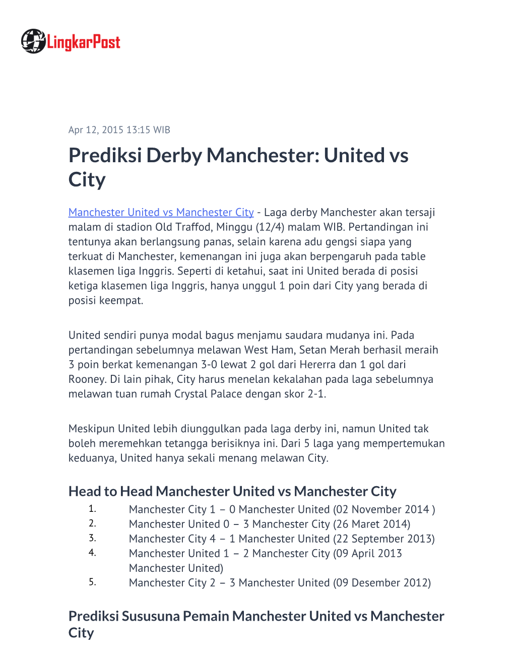 Prediksi Derby Manchester: United Vs City