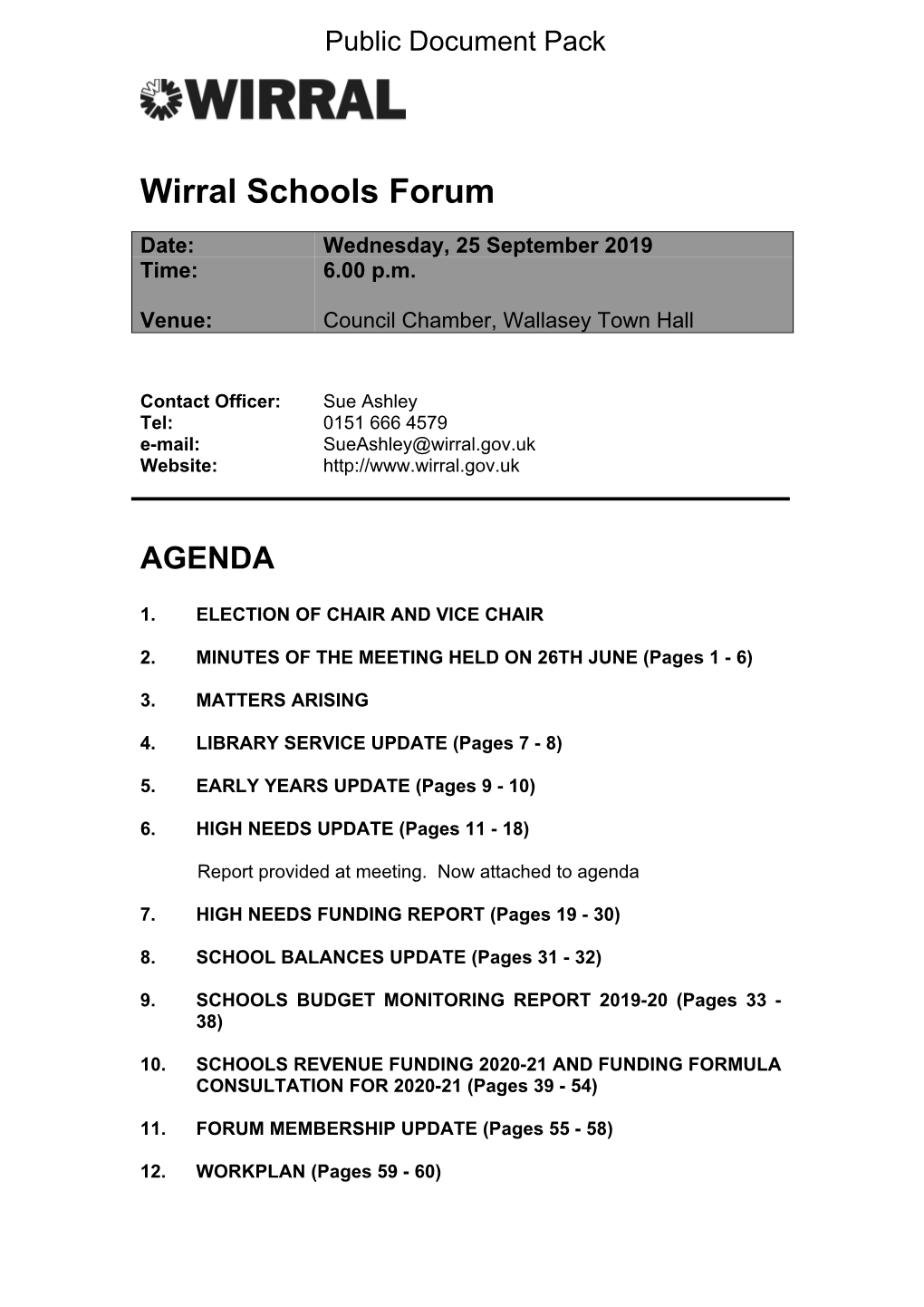 Agenda Document for Wirral Schools Forum, 25/09/2019 18:00