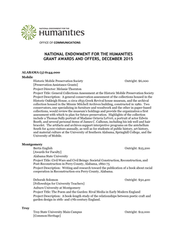 National Endowment for the Humanities Grant Awards and Offers, December 2015