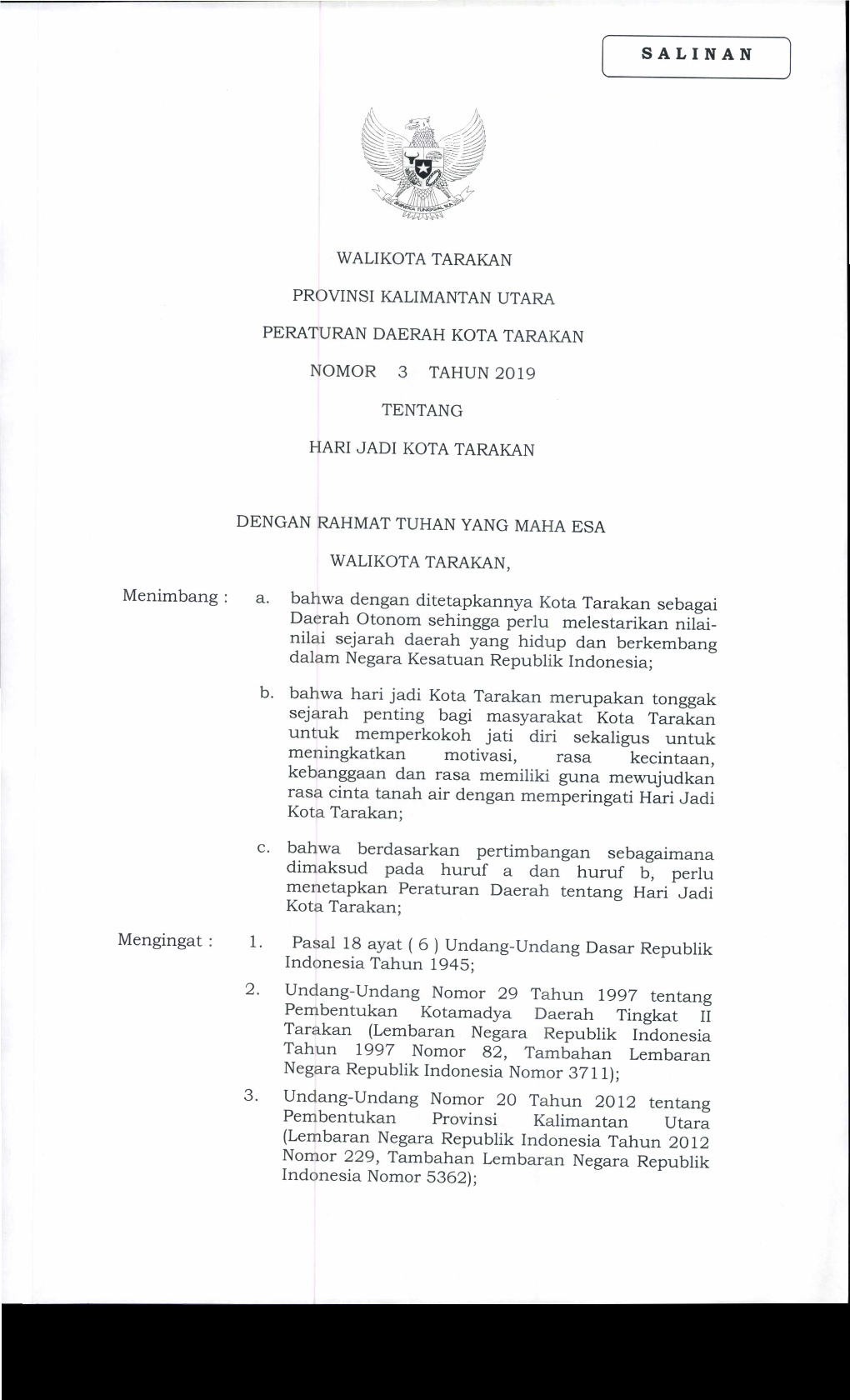 Peraturan Daerah Kota Tarakan Nomor 3 Tahun 2019 Tentang Hari Jadi Kota Tarakan.Pdf