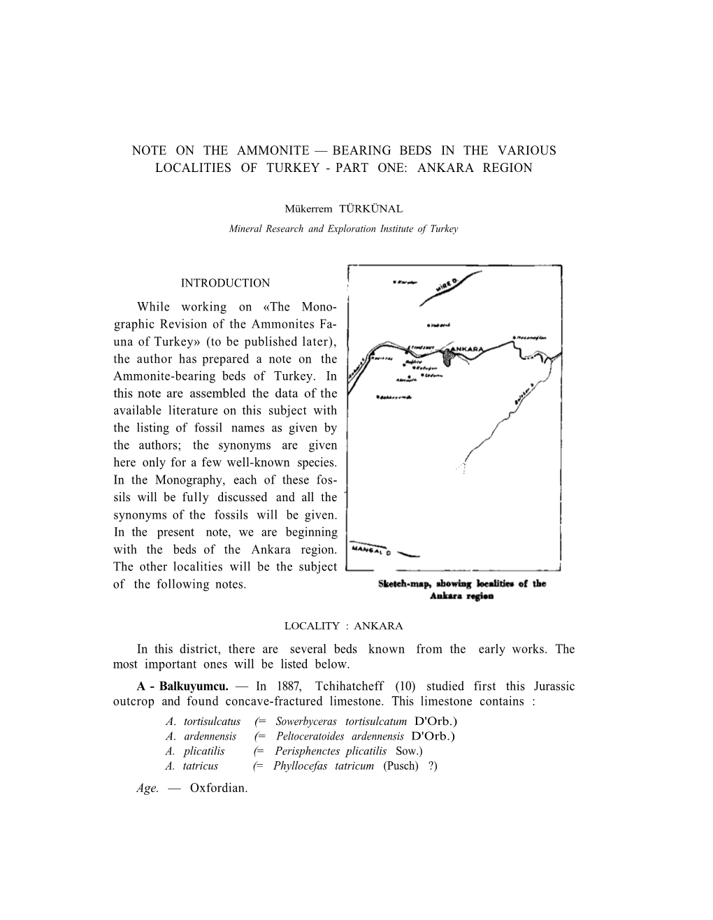 Note on the Ammonite — Bearing Beds in the Various Localities of Turkey - Part One: Ankara Region