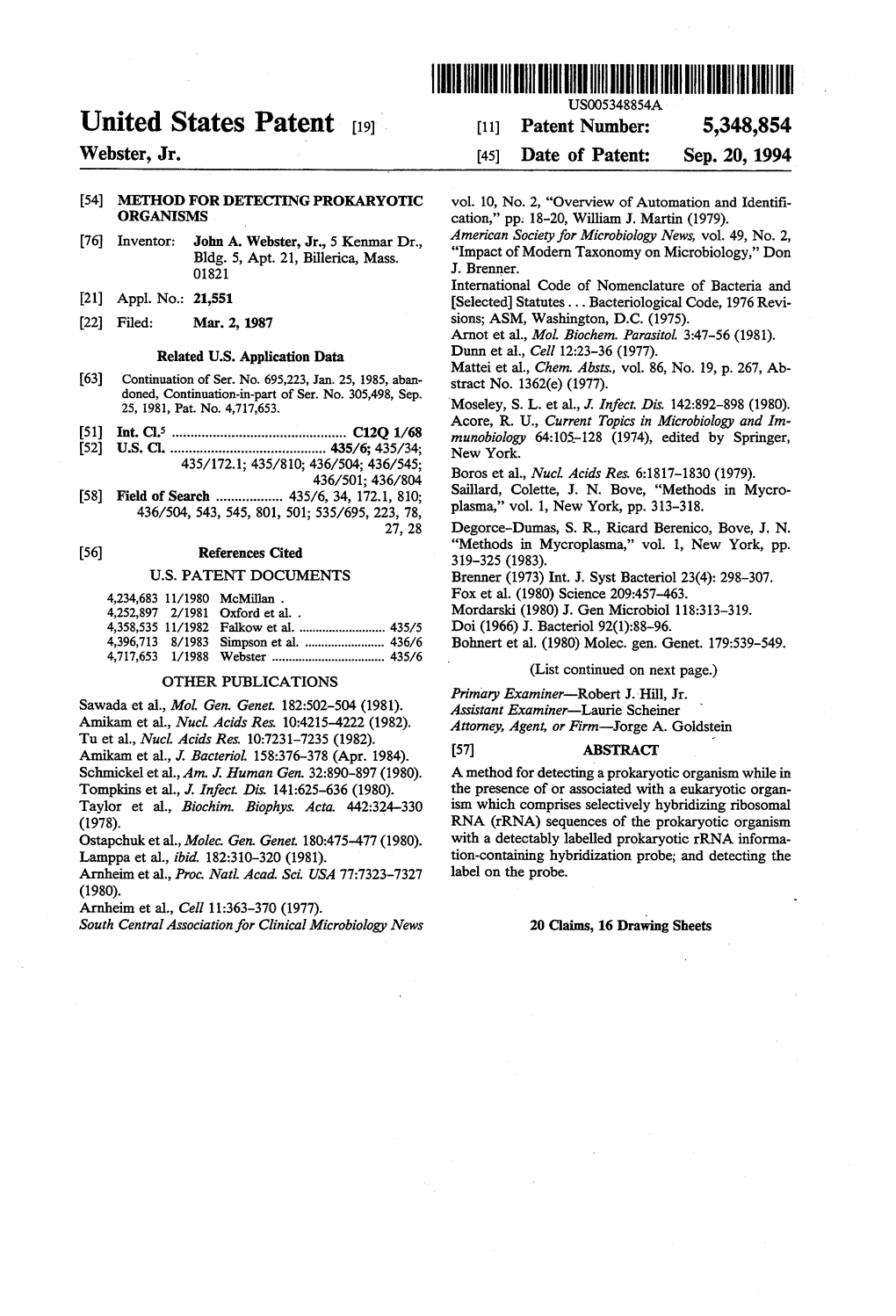 United States Patent (19) 11 Patent Number: 5,348,854 Webster, Jr