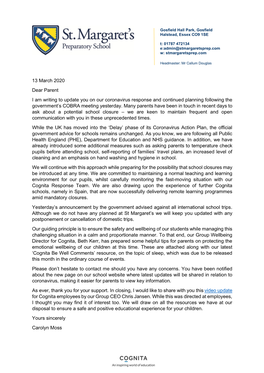 13 March 2020 Dear Parent I Am Writing to Update You on Our Coronavirus Response and Continued Planning Following the Government’S COBRA Meeting Yesterday