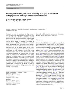 Decomposition of Kyanite and Solubility of Al2o3 in Stishovite at High Pressure and High Temperature Conditions