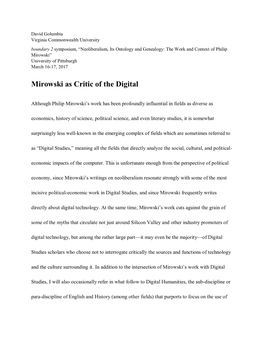 Mirowski As Critic of the Digital