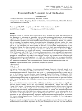 Consonant Cluster Acquisition by L2 Thai Speakers