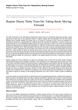 Regime Theory Thirty Years On: Taking Stock, Moving Forward Written by Oran R