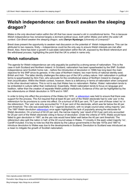 LSE Brexit: Welsh Independence: Can Brexit Awaken the Sleeping Dragon? Page 1 of 4