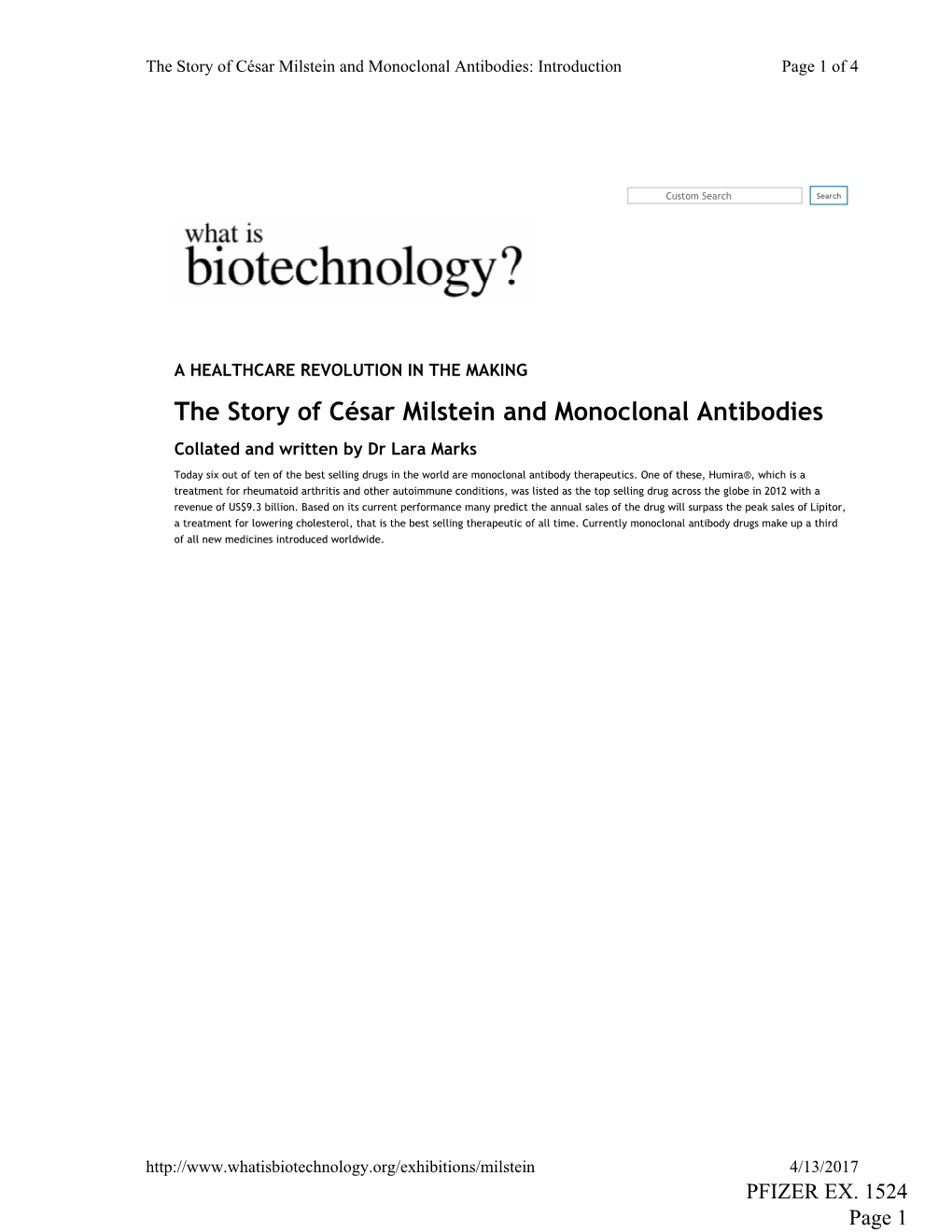 The Story of César Milstein and Monoclonal Antibodies: Introduction Page 1 of 4