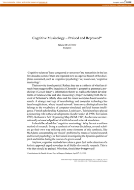 Cognitive Musicology – Praised and Reproved*