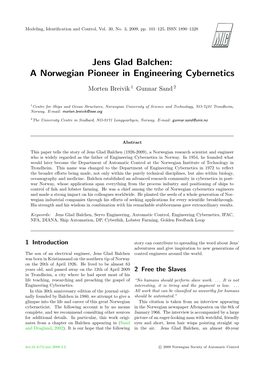 Jens Glad Balchen: a Norwegian Pioneer in Engineering Cybernetics