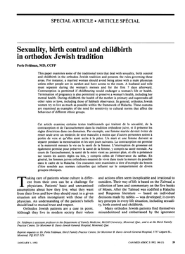Sexuality, Birth Control and Childbirth in Orthodox Jewish Tradition Perle Feldman, MD, CCFP