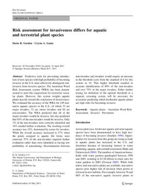 Risk Assessment for Invasiveness Differs for Aquatic and Terrestrial Plant Species