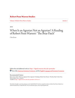 When Is an Agrarian Not an Agrarian? a Reading of Robert Penn Warren’S “The Rb Iar Patch” Clare Byrne
