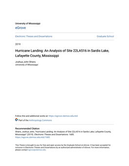 Hurricane Landing: an Analysis of Site 22LA516 in Sardis Lake, Lafayette County, Mississippi