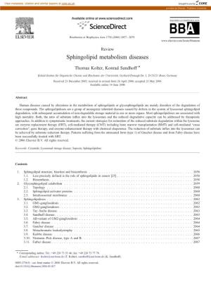 Sphingolipid Metabolism Diseases ⁎ Thomas Kolter, Konrad Sandhoff