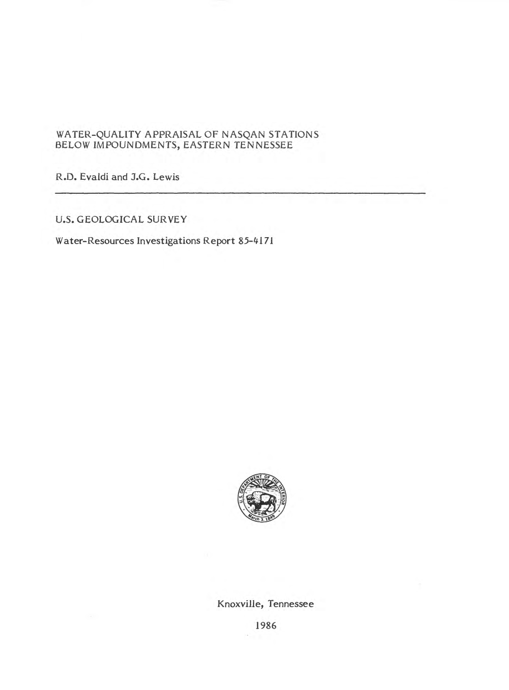 Water-Quality Appraisal of N Asqan Stations Below Impoundments, Eastern Tennessee