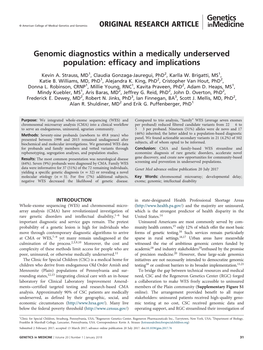 Genomic Diagnostics Within a Medically Underserved Population: Efficacy and Implications