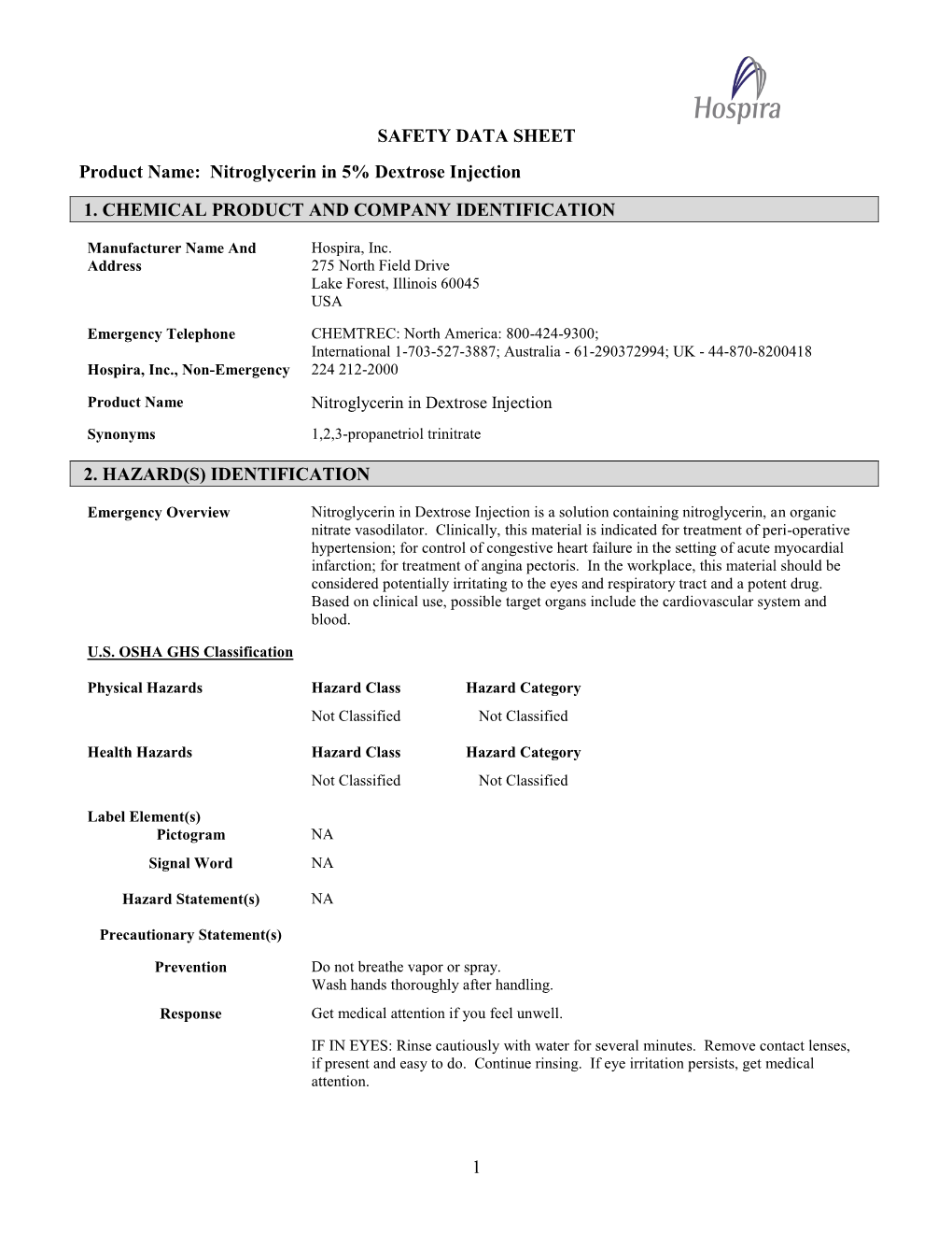 1 SAFETY DATA SHEET Product Name: Nitroglycerin in 5% Dextrose