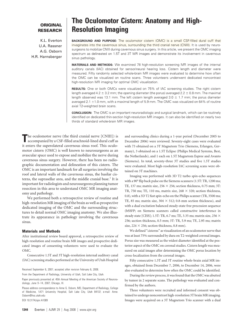 The Oculomotor Cistern: Anatomy and High- ORIGINAL RESEARCH Resolution Imaging