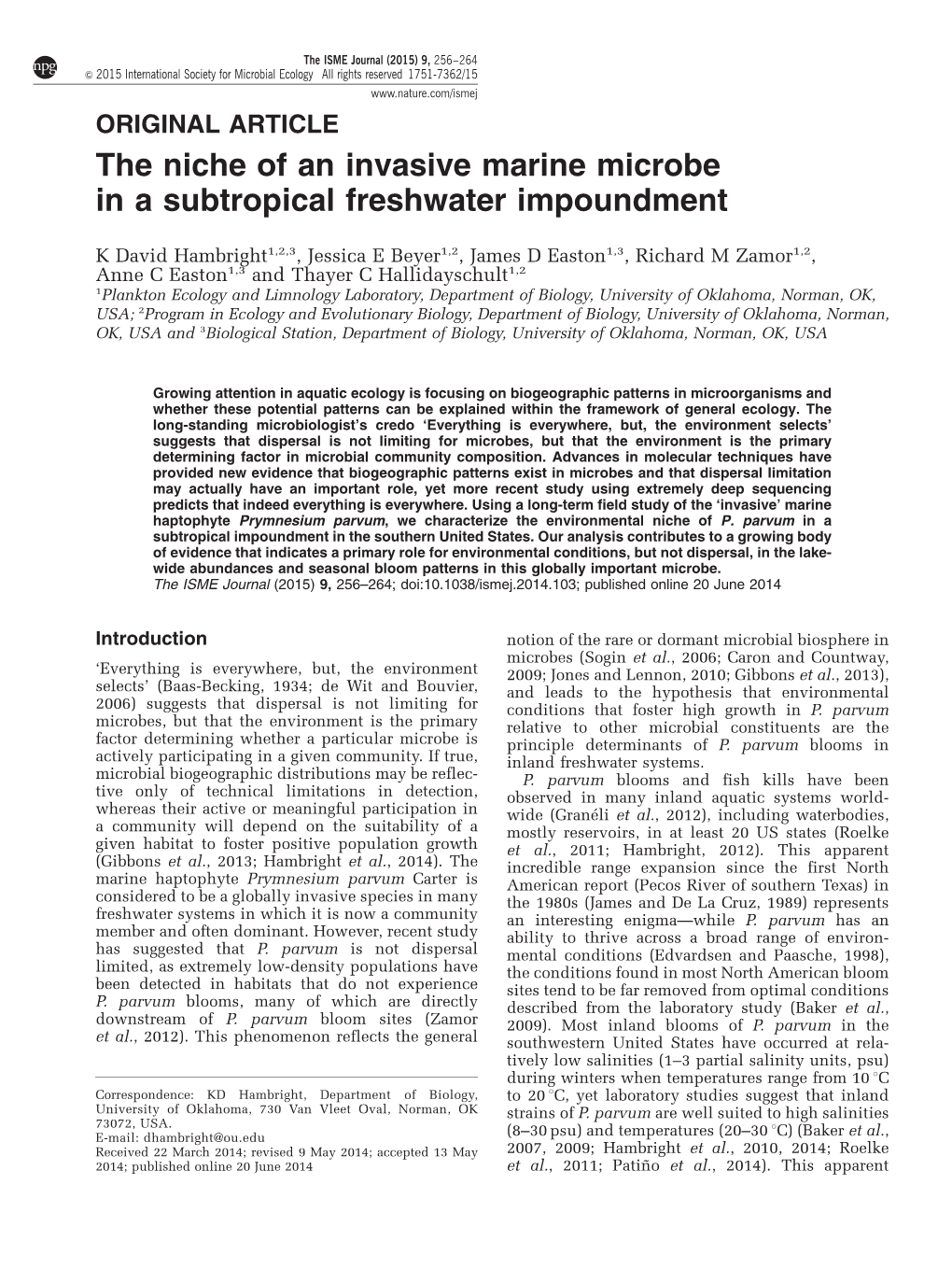 The Niche of an Invasive Marine Microbe in a Subtropical Freshwater Impoundment