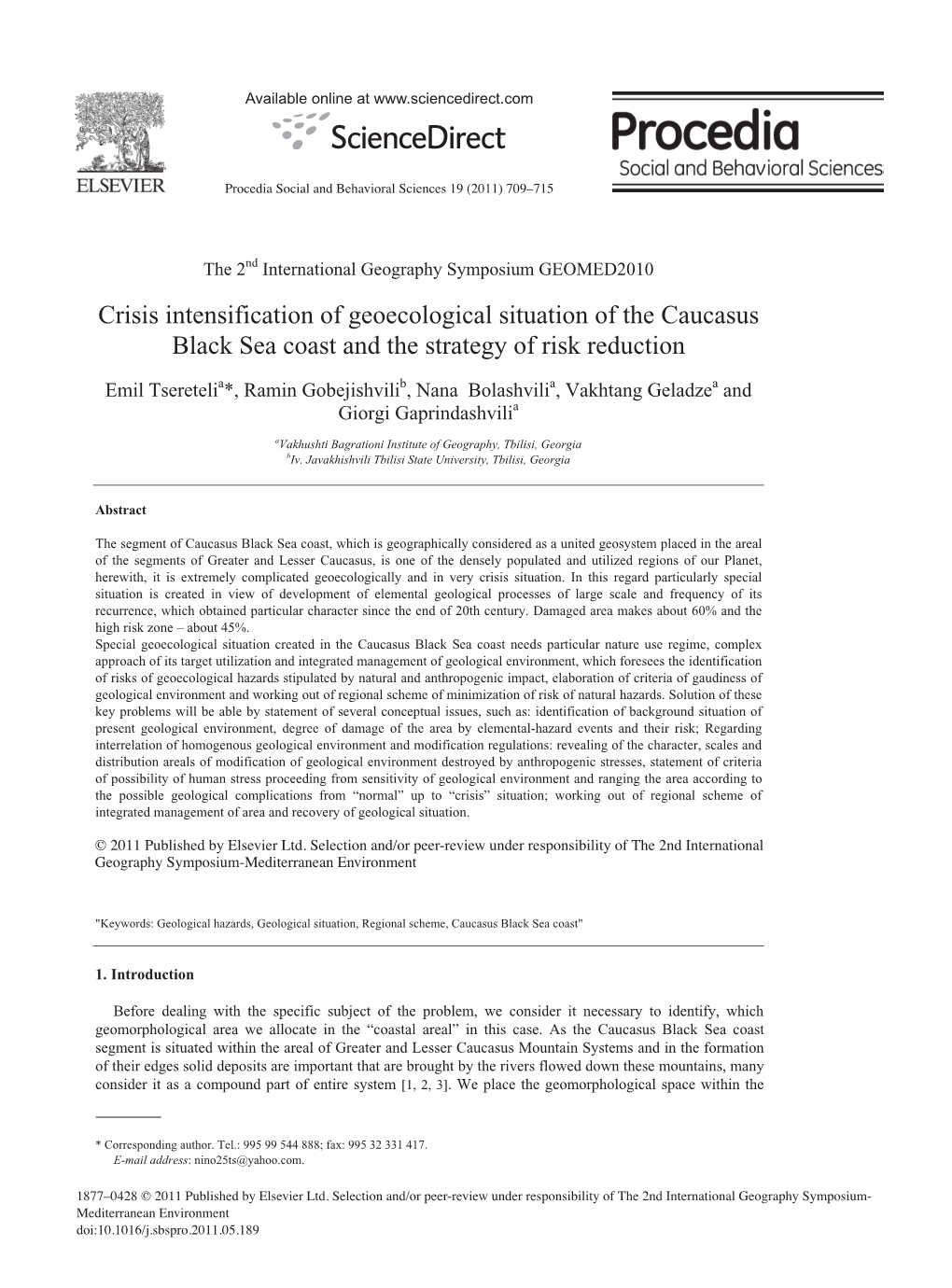 Crisis Intensification of Geoecological Situation of the Caucasus Black Sea Coast and the Strategy of Risk Reduction