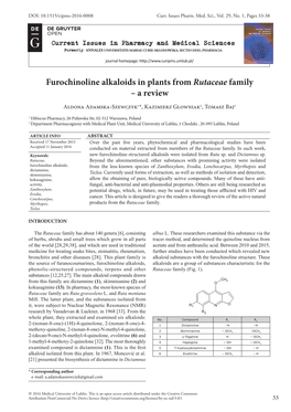 Furochinoline Alkaloids in Plants from Rutaceae Family – a Review Aldona Adamska-Szewczyk1*, Kazimierz Glowniak2, Tomasz Baj2