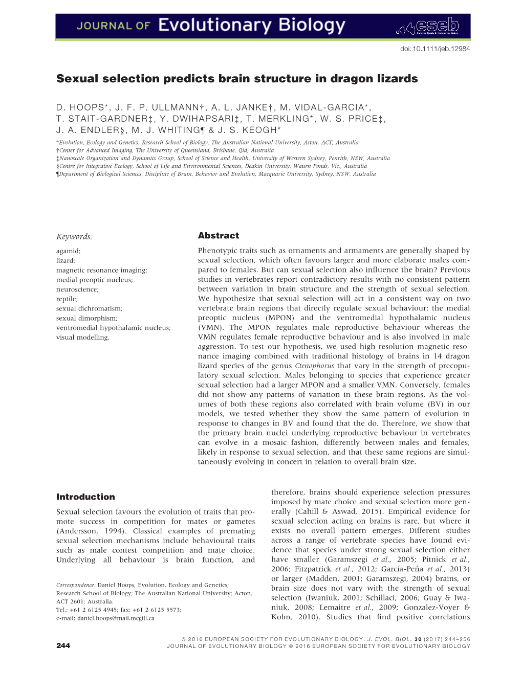 Sexual Selection Predicts Brain Structure in Dragon Lizards