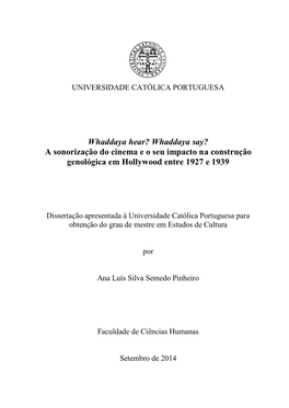 Whaddaya Say? a Sonorização Do Cinema E O Seu Impacto Na Construção Genológica Em Hollywood Entre 1927 E 1939