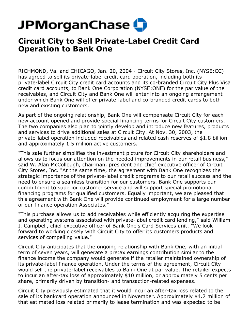 Circuit City to Sell Private-Label Credit Card Operation to Bank One