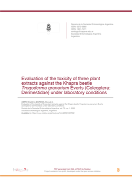 Evaluation of the Toxicity of Three Plant Extracts Against the Khapra Beetle Trogoderma Granarium Everts (Coleoptera: Dermestidae) Under Laboratory Conditions