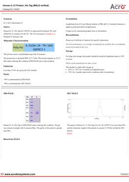 7/23/2021 Human IL-31 Protein, His Tag (MALS Verified) Catalog # IL1-H5247