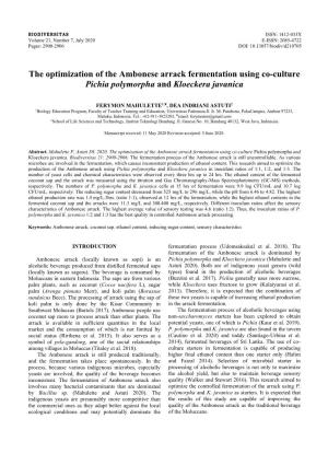 The Optimization of the Ambonese Arrack Fermentation Using Co-Culture Pichia Polymorpha and Kloeckera Javanica
