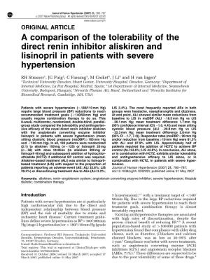 A Comparison of the Tolerability of the Direct Renin Inhibitor Aliskiren and Lisinopril in Patients with Severe Hypertension