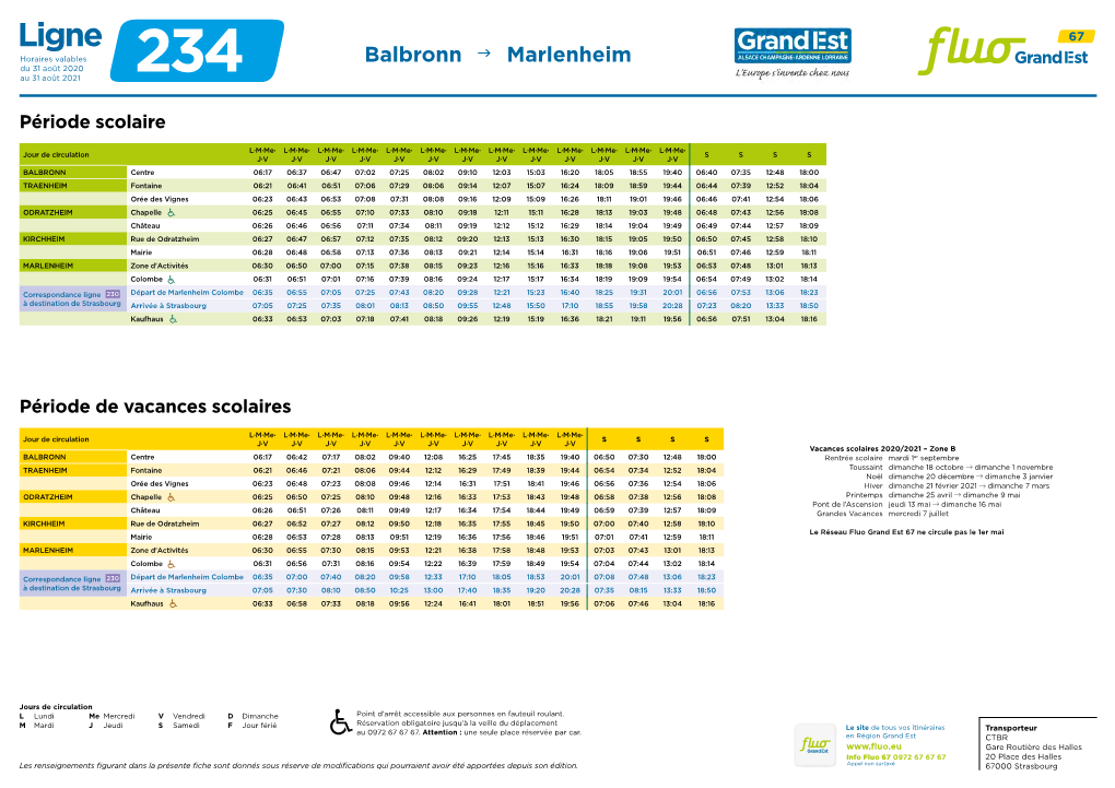 Ligne Horaires Valables Balbronn  Marlenheim Du 31 Août 2020 Au 31 Août 2021 234